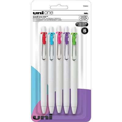 Pen-Retractable, Uni One Gel, 0.7Mm Assorted 5-Pack
