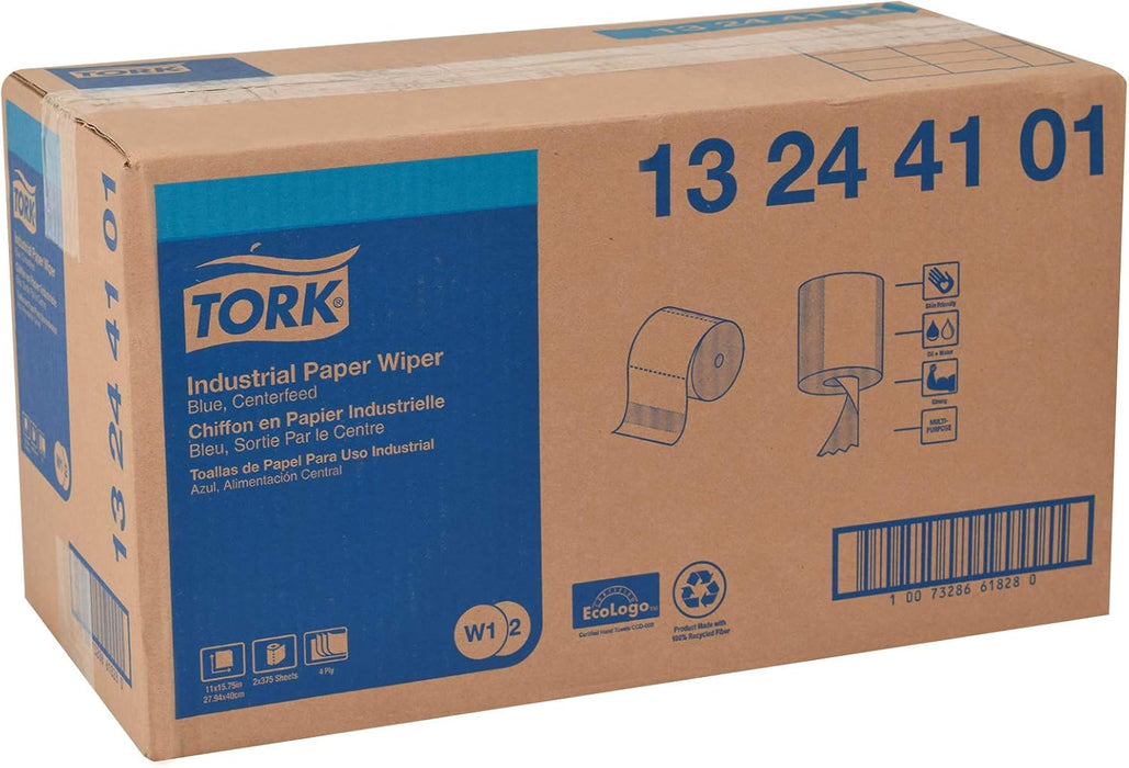 Tork 13244101 Industrial Paper Wiper, Centerfeed, 4-Ply, 11.0" Width x 492' Length, Blue (Case of 2 Rolls, 375 per Roll, 750 Wipers per Case) Use with Tork 6520281, 6521281, 653020 or 653028