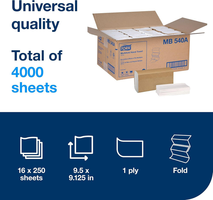 Tork Universal MB540A Multifold Paper Hand Towel, 1-Ply, 9.5" Width x 9.13" Length, White, (Case of 16 Packs, 250 per Pack, 4,000 Towels)