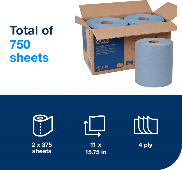 Tork 13244101 Industrial Paper Wiper, Centerfeed, 4-Ply, 11.0" Width x 492' Length, Blue (Case of 2 Rolls, 375 per Roll, 750 Wipers per Case) Use with Tork 6520281, 6521281, 653020 or 653028