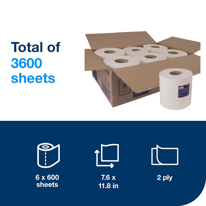 Tork Advanced 121204 Soft Centerfeed Hand Towel, 2-Ply, 7.6" Width x 11.8" Length, White (Case of 6 Rolls, 600 per Roll, 3,600 Towels) for use with Tork 559020A or 559028A