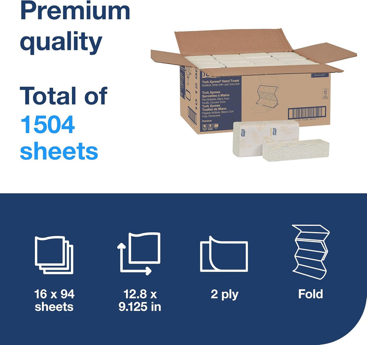 Tork Xpress Extra Soft Multifold Hand Towel White with Blue Leaf H2, Premium, 4-Panel, High Performance, Absorbent, 2-Ply, 16 X 94 Sheets, 101298