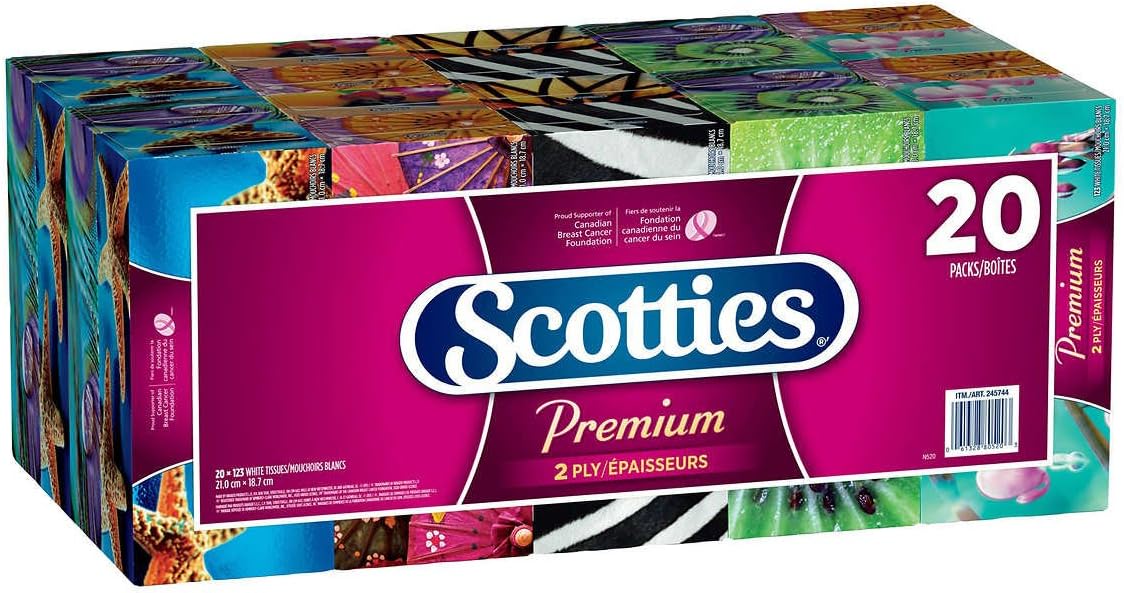 Scotties 2-Ply Premium Facial Tissue, Low Profile Box, 123 Count (Pack of 20)
