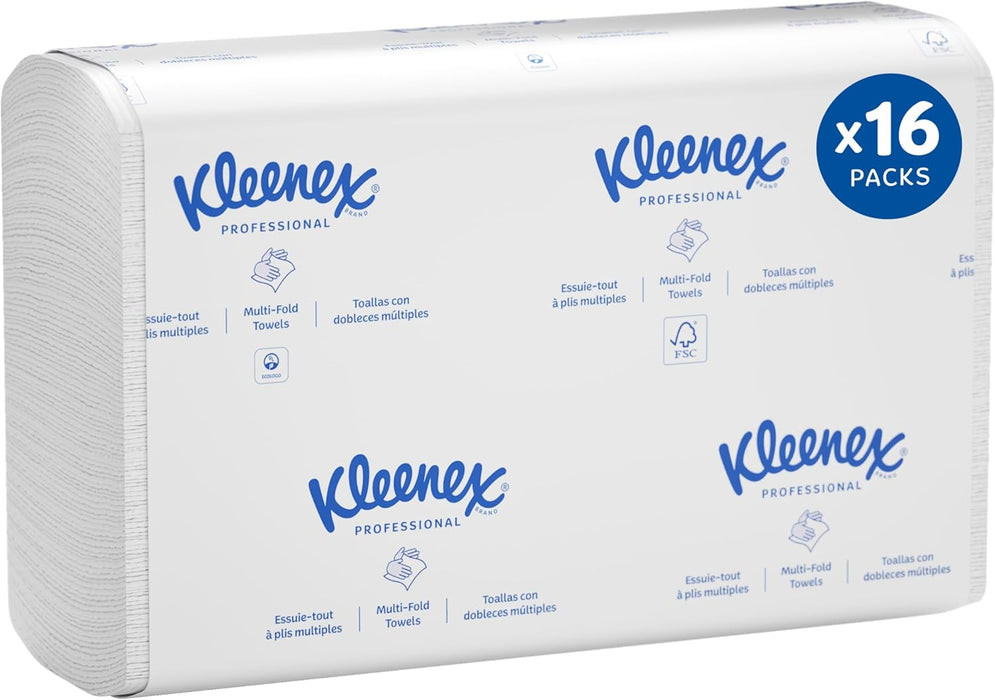 Kleenex Professional Multifold Paper Towels (01890), White, 16 Packs/Case, 150 Tri Fold Paper Towels/Pack, 2,400 Towels/Case