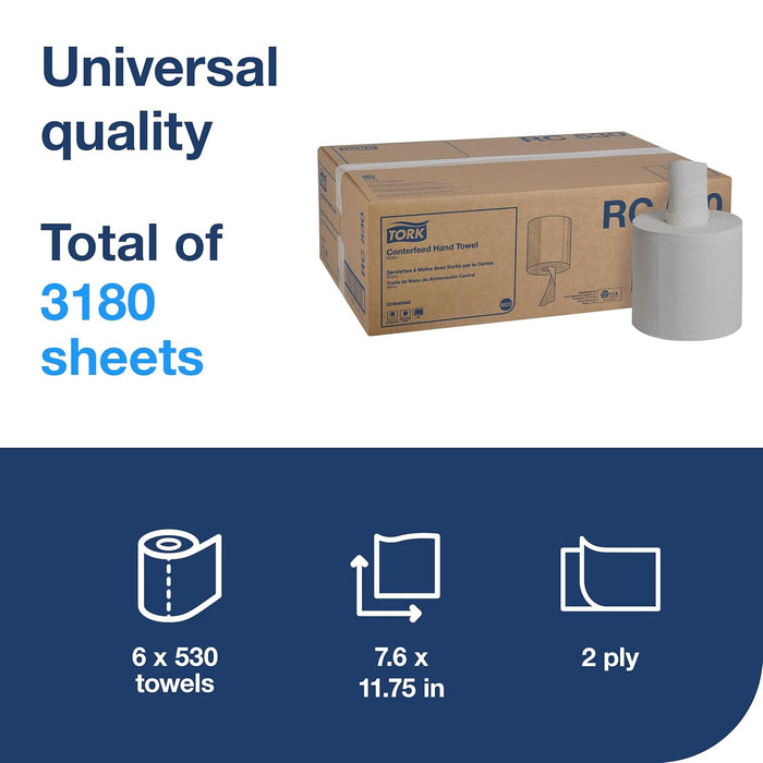 Tork Universal RC530 Centerfeed Paper Towel, 2-Ply, 7.6" Width x 11.75" Length, White (Case of 6 Rolls, 530 per Roll, 3,180 Towels)