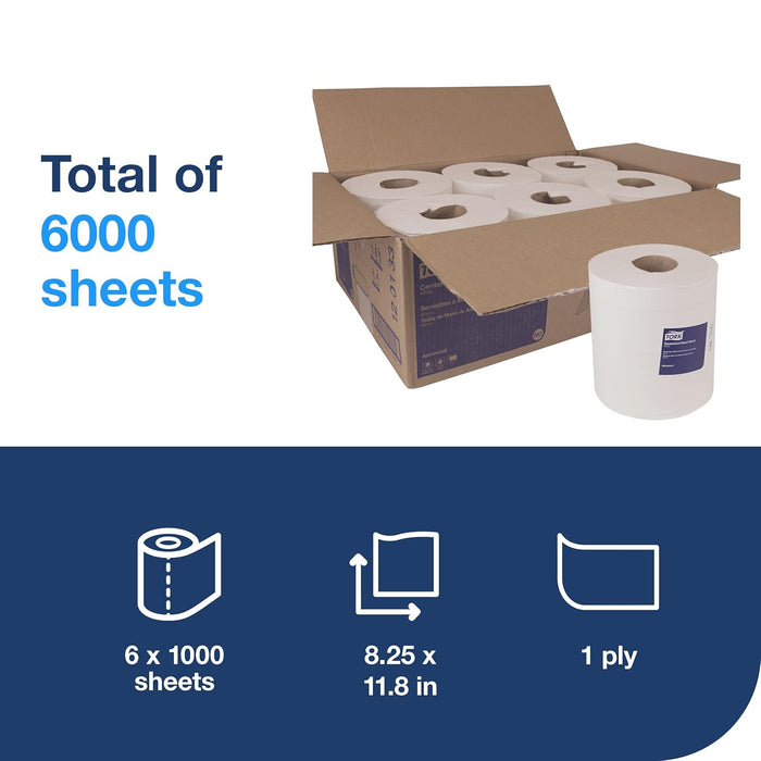 Tork Advanced 120133 Centerfeed Hand Towel, 1-Ply, 8.25" Width x 11.8" Length, White (Case of 6 Rolls, 1,000 per Roll, 6,000 Towels) for use with Tork 559020A or 559028A