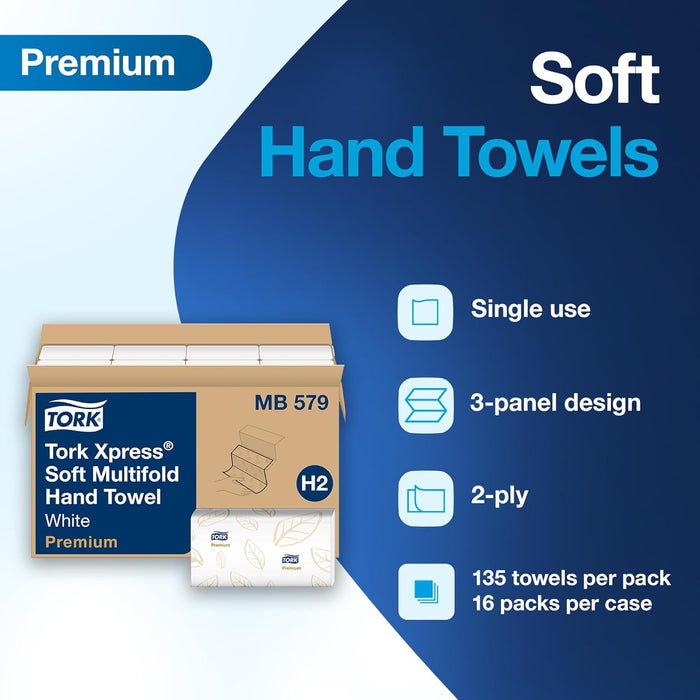Tork Premium MB579 Soft Xpress Multifold Paper Hand Towel, 3-Panel, 2-Ply, 9.125" Width x 9.5" Length, White (Case of 16 Packs, 135 per Pack, 2.160 Towels)