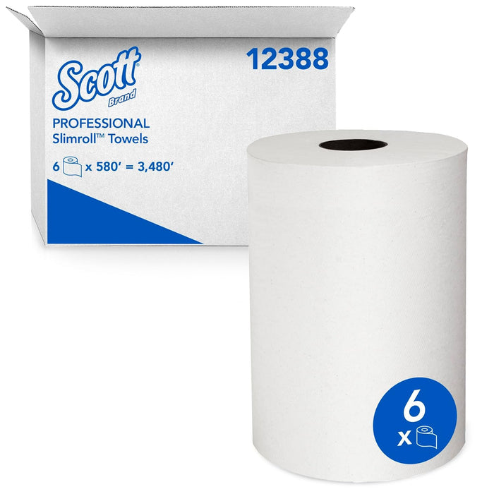 Scott Slimroll Hard Roll Paper Towels (12388) with Fast-Drying Absorbency Pockets, White, 6 Rolls/Case, 580'/Roll