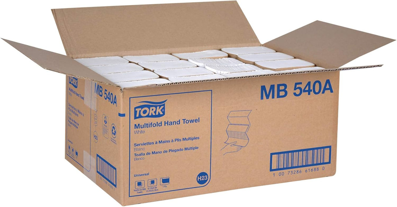 Tork Universal MB540A Multifold Paper Hand Towel, 1-Ply, 9.5" Width x 9.13" Length, White, (Case of 16 Packs, 250 per Pack, 4,000 Towels)