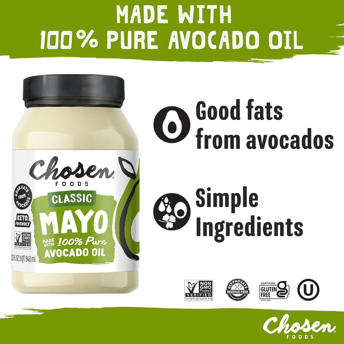 Chosen Foods 100% Avocado Oil-Based Classic Mayonnaise, Gluten & Dairy Free, Low-Carb, Keto & Paleo Diet Friendly, Mayo for Sandwiches, Dressings and Sauces, Made with Cage Free Eggs (32 fl oz)