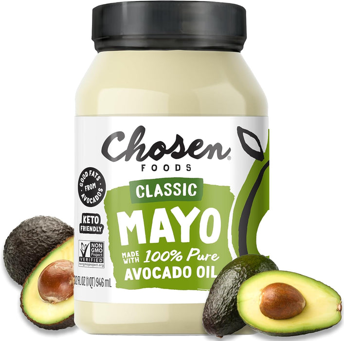Chosen Foods 100% Avocado Oil-Based Classic Mayonnaise, Gluten & Dairy Free, Low-Carb, Keto & Paleo Diet Friendly, Mayo for Sandwiches, Dressings and Sauces, Made with Cage Free Eggs (32 fl oz)