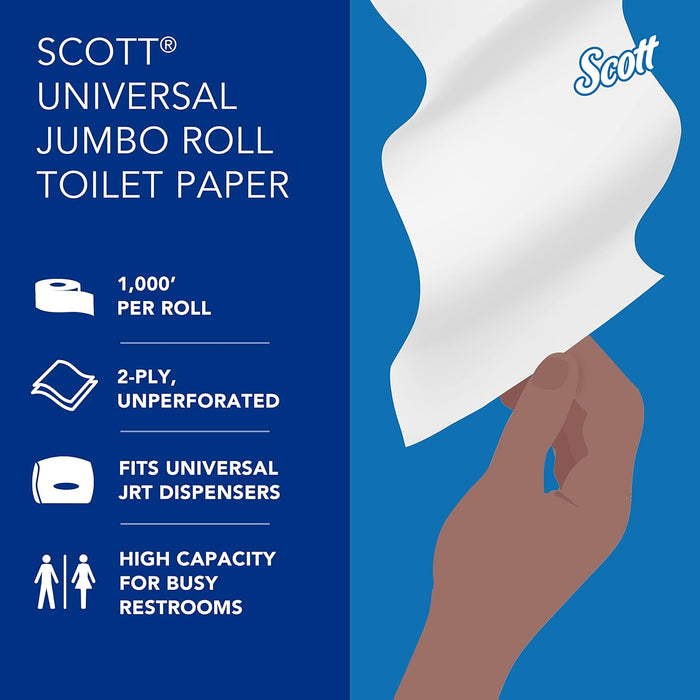 Scott Professional High-Capacity Jumbo Roll Toilet Paper, Bulk (07805), 2-Ply, White, Non-Perforated (12 Rolls at 1,000' Each, 12,000'/Case)