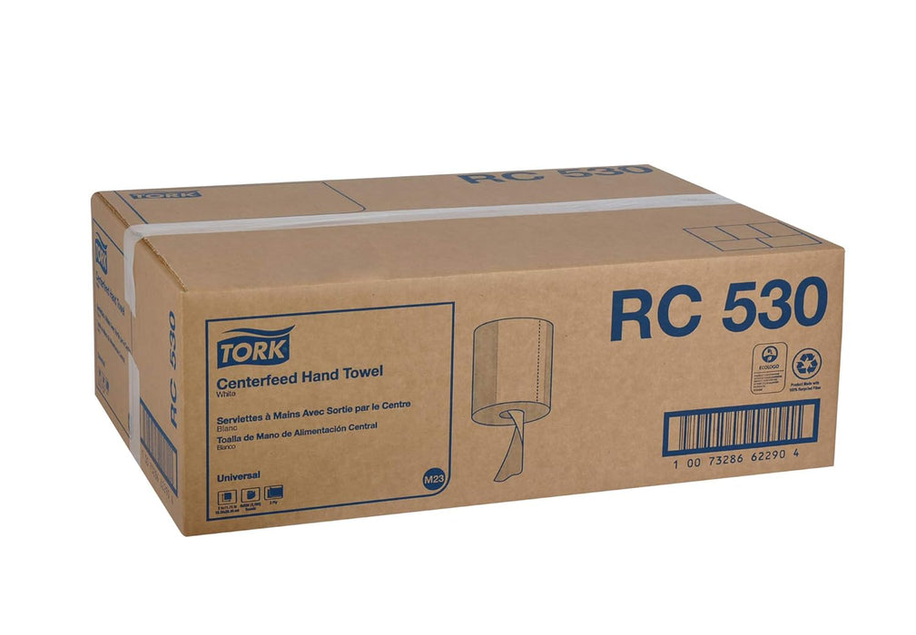 Tork Universal RC530 Centerfeed Paper Towel, 2-Ply, 7.6" Width x 11.75" Length, White (Case of 6 Rolls, 530 per Roll, 3,180 Towels)