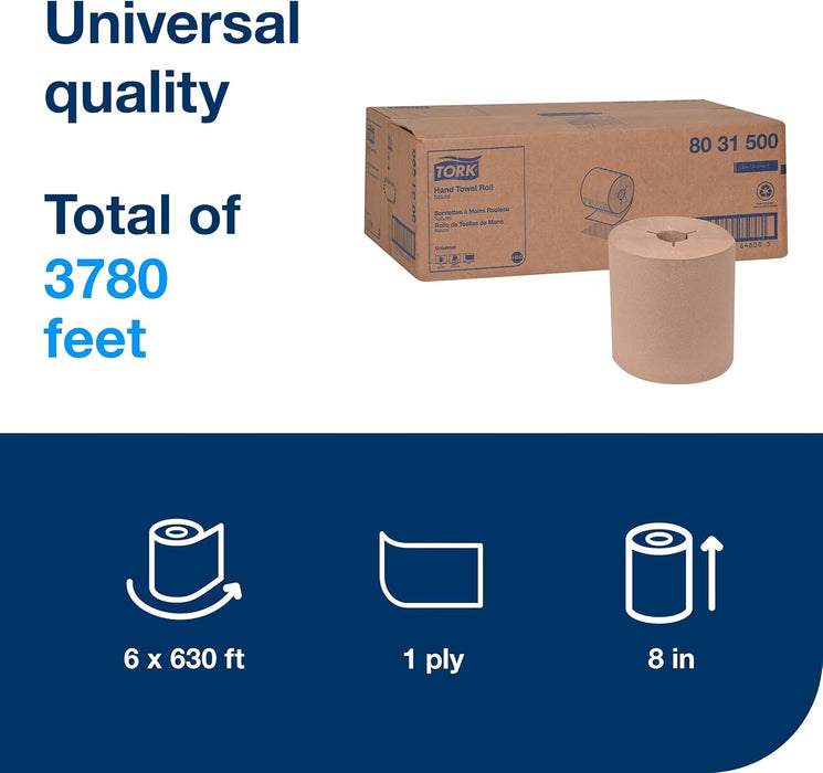 Tork 8031500 Universal Paper Hand Towel Roll, Y-Notch, 1-Ply, 8.0" Width x 630' Length, Natural (Case of 6 Rolls, 630 Feet per Rolls, 3,780 Feet per Case