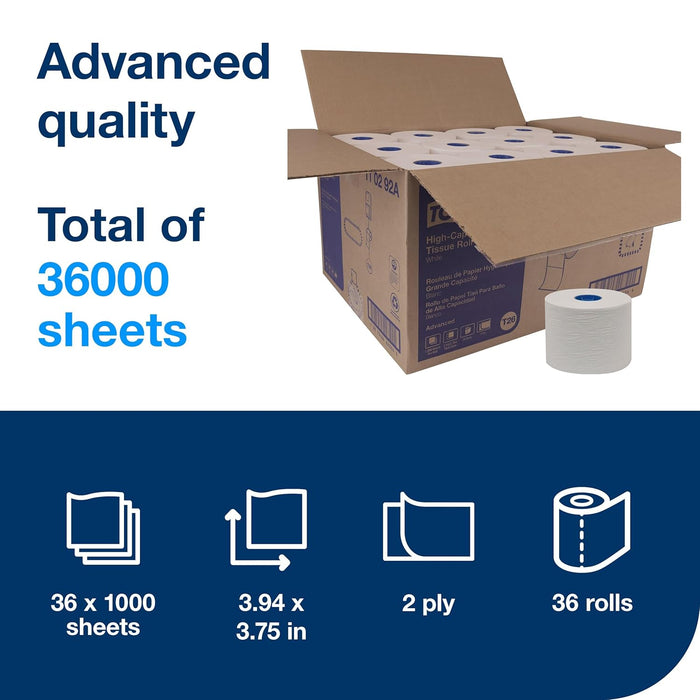 Tork Advanced 110292A High Capacity Bath Tissue Roll, 2-Ply, 3.94" Width x 3.75" Sheet Length, White (Case of 36 Rolls, 1000 per Roll, 36,000 Sheets) Use with Tork 555620, 555628