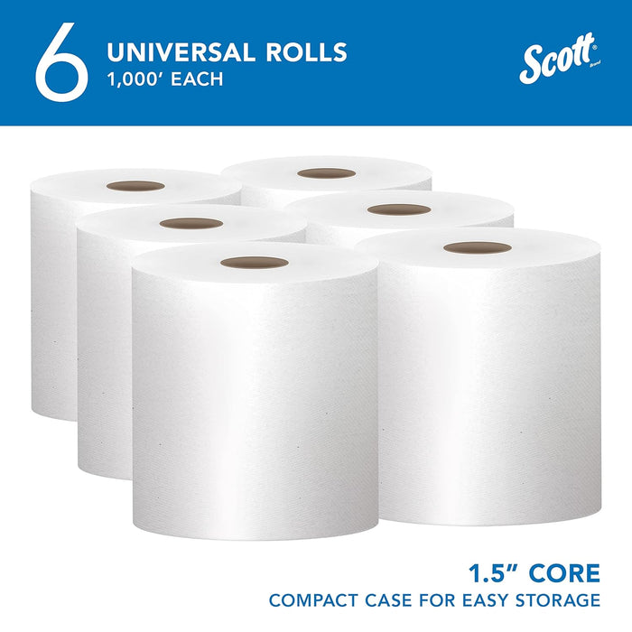 Scott Essential Universal High-Capacity Hard Roll Towels (01005), with Absorbency Pockets, 1.5" Core, White, (1,000'/Roll, 6 Rolls/Case, 6,000'/Case)