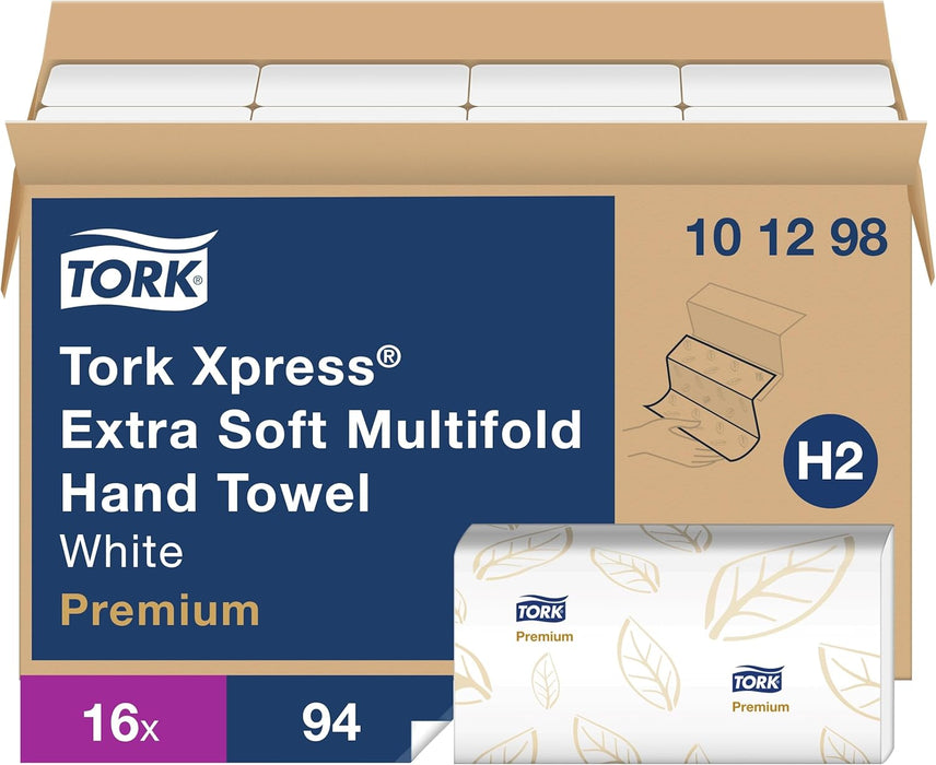 Tork Xpress Extra Soft Multifold Hand Towel White with Blue Leaf H2, Premium, 4-Panel, High Performance, Absorbent, 2-Ply, 16 X 94 Sheets, 101298