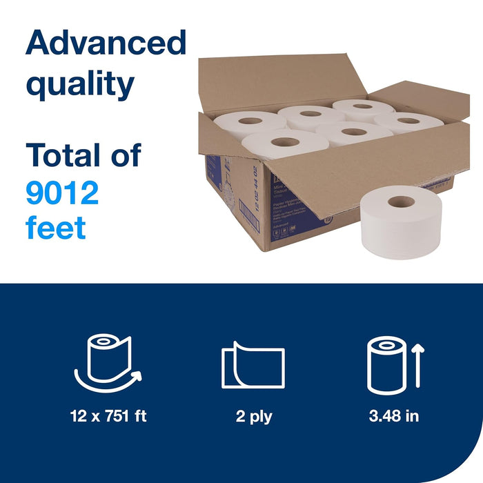 Tork Advanced 12024402 Mini Jumbo Bath Tissue Roll, 2Ply, 7.36 Inch Diameter, 3.55 Inch Width 751 Inch Length, White (Case of 12 Rolls)