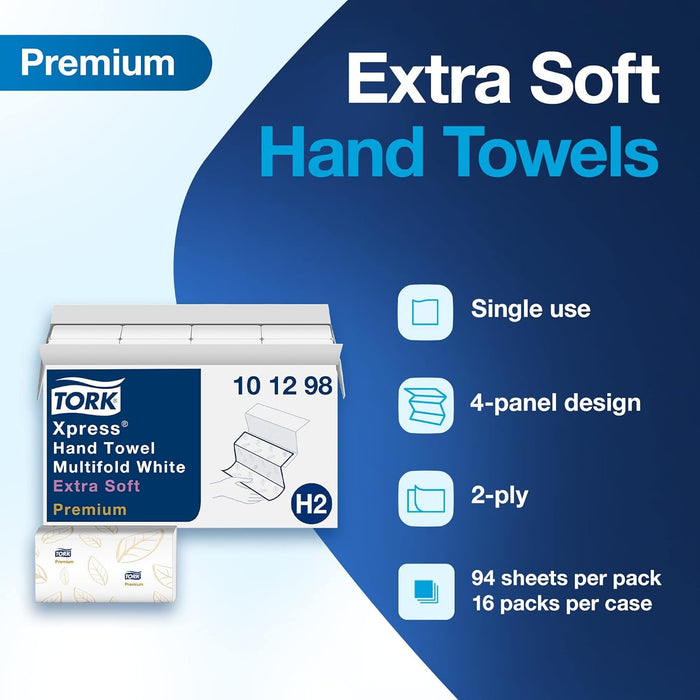 Tork Xpress Extra Soft Multifold Hand Towel White with Blue Leaf H2, Premium, 4-Panel, High Performance, Absorbent, 2-Ply, 16 X 94 Sheets, 101298