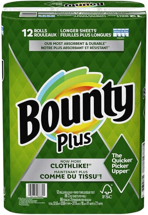 Bounty Plus Select-A-Size White Long Cloth Like 12 Paper Towel Rolls of 2-Ply 86 Sheets Each