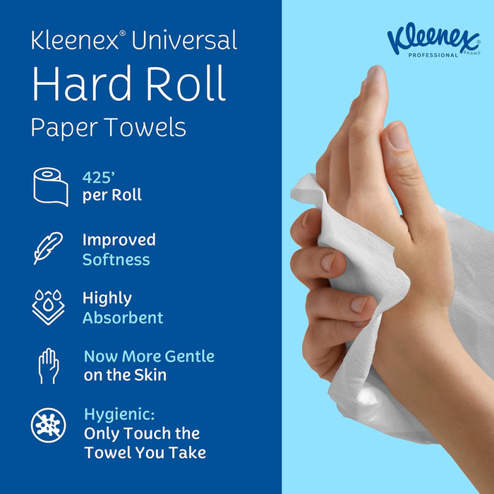 Kleenex® Universal Hard Roll Paper Towels (01080), 1.5" Core, with Premium Absorbency Pockets™, White, (12 Rolls/Case, 425'/Roll, 5,100'/Case)