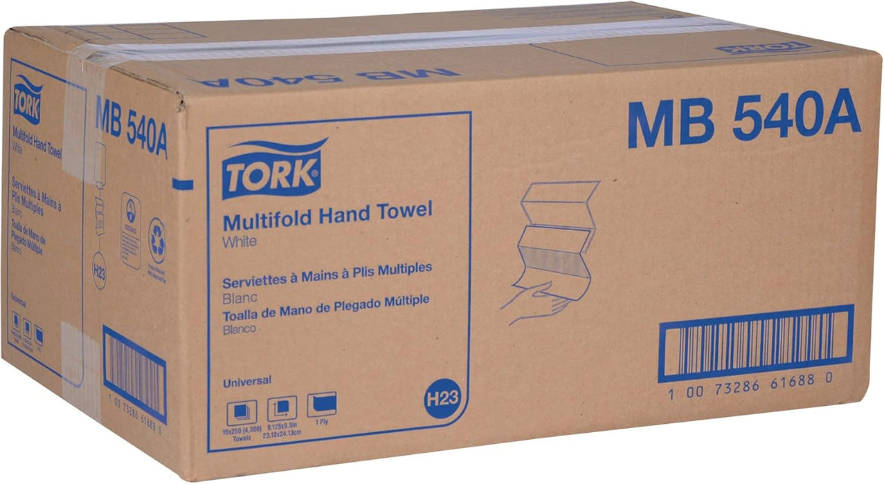 Tork Universal MB540A Multifold Paper Hand Towel, 1-Ply, 9.5" Width x 9.13" Length, White, (Case of 16 Packs, 250 per Pack, 4,000 Towels)