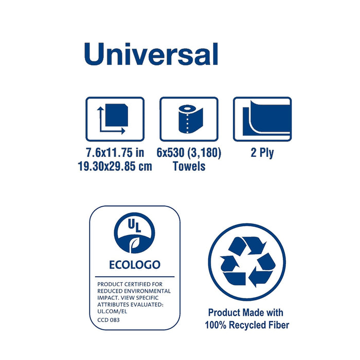 Tork Universal RC530 Centerfeed Paper Towel, 2-Ply, 7.6" Width x 11.75" Length, White (Case of 6 Rolls, 530 per Roll, 3,180 Towels)