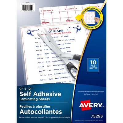 Laminating Sheets-Avery 9" X 12" Self Adhesive 10/Pack