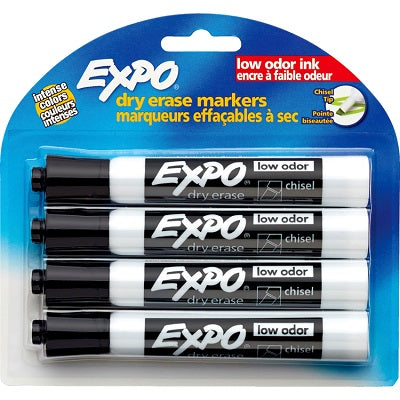 Marker-Dry Erase, Expo Low Odour, Chisel Black 4/Pk