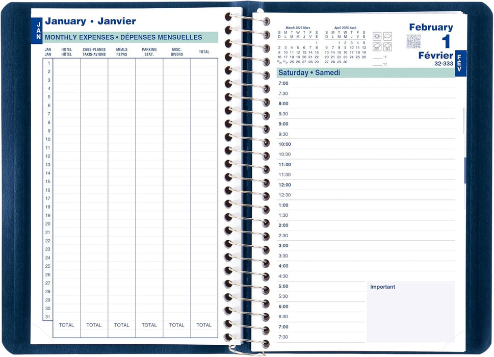 Blueline® 2026 Essential Daily Planner, Appointment Book, 12 Months, January to December, Spiral Binding, 8" x 5", Blue, Bilingual (C1504.82BT-26)