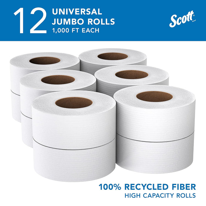 Scott® 100% Recycled Fiber High-Capacity Jumbo Roll Toilet Paper (67805), 2-Ply, White, Non-Perforated, (1,000'/Roll, 12 Rolls/Case, 12,000'/Case)
