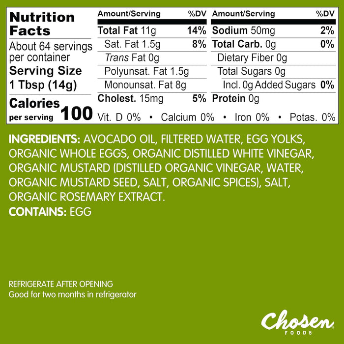 Chosen Foods 100% Avocado Oil-Based Classic Mayonnaise, Gluten & Dairy Free, Low-Carb, Keto & Paleo Diet Friendly, Mayo for Sandwiches, Dressings and Sauces, Made with Cage Free Eggs (32 fl oz)