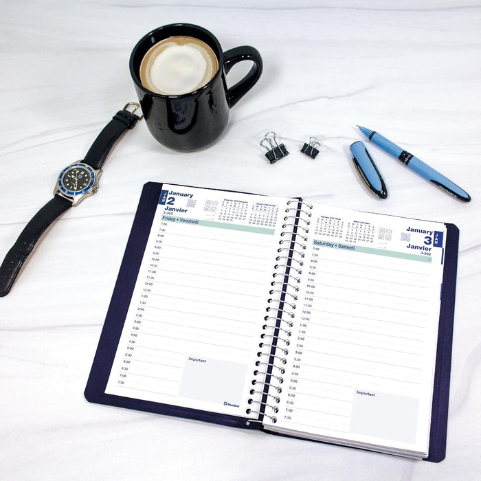 Blueline® 2026 Essential Daily Planner, Appointment Book, 12 Months, January to December, Spiral Binding, 8" x 5", Blue, Bilingual (C1504.82BT-26)