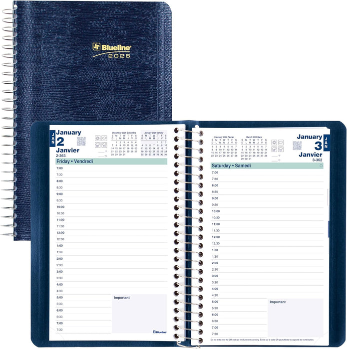 Blueline® 2026 Essential Daily Planner, Appointment Book, 12 Months, January to December, Spiral Binding, 8" x 5", Blue, Bilingual (C1504.82BT-26)