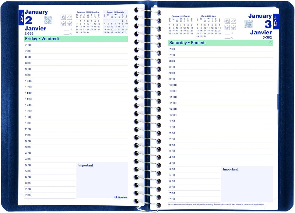 Blueline® 2026 Essential Daily Planner, Appointment Book, 12 Months, January to December, Spiral Binding, 8" x 5", Blue, Bilingual (C1504.82BT-26)