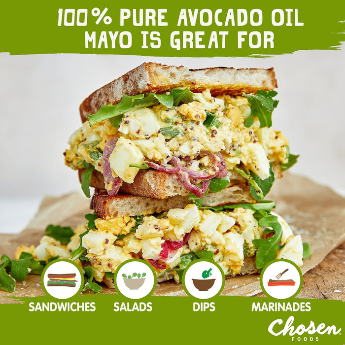 Chosen Foods 100% Avocado Oil-Based Classic Mayonnaise, Gluten & Dairy Free, Low-Carb, Keto & Paleo Diet Friendly, Mayo for Sandwiches, Dressings and Sauces, Made with Cage Free Eggs (32 fl oz)