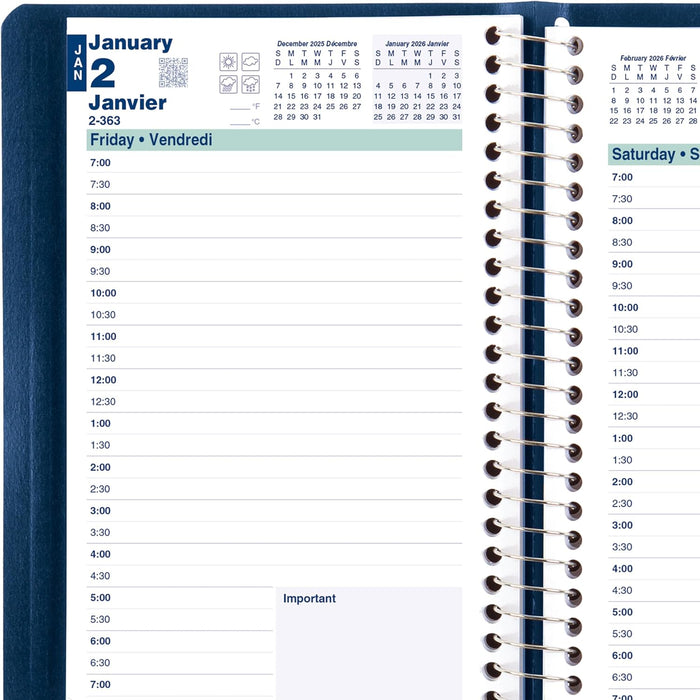 Blueline® 2026 Essential Daily Planner, Appointment Book, 12 Months, January to December, Spiral Binding, 8" x 5", Blue, Bilingual (C1504.82BT-26)