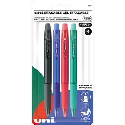 Pen-Retractable, Uni Erasable Gel, Medium, Business Ast 4/Pk