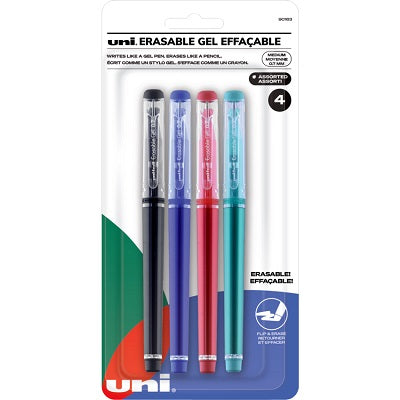 Pen-Stick, Uni Erasable Gel, Medium, Assorted 4/Pk