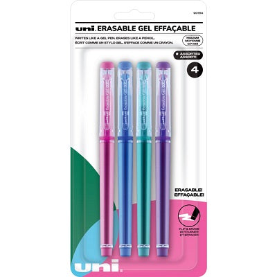 Pen-Stick, Uni Erasable Gel, Medium, Fashion Assorted 4/Pk
