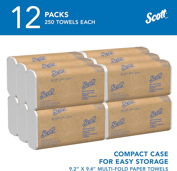 Scott Professional Universal Multifold Paper Towels, Bulk (03650), Absorbency Pockets, White, 9.2"x9.4" Towel, White, Compressed, Compact (250 Sheets/Pack, 12 Packs/Case, 3,000 Sheet Total)
