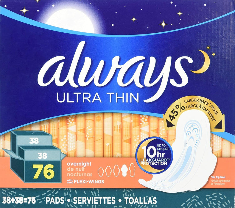 Always Ultra Thin Overnight Pads With Wings, Unscented, 76 Count