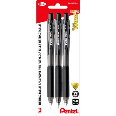 Pen-Retractable Ballpoint, Wow 1.0Mm Black 3/Pack