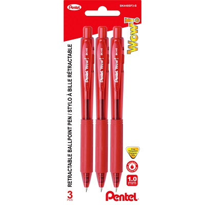 Pen-Retractable Ballpoint, Wow 1.0Mm Red 3/Pack