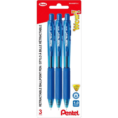Pen-Retractable Ballpoint, Wow 1.0Mm Blue 3/Pack
