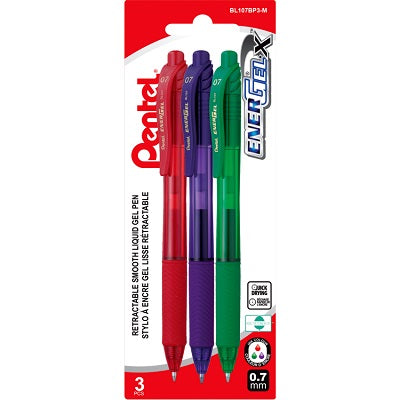 Pen-Retractable, Energel X Gel Roller, 0.7Mm Assorted 3/Pk