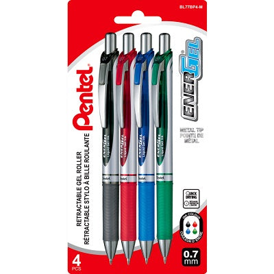 Pen-Retractable, Energel Gel Roller, 0.7Mm Assorted 4/Pack