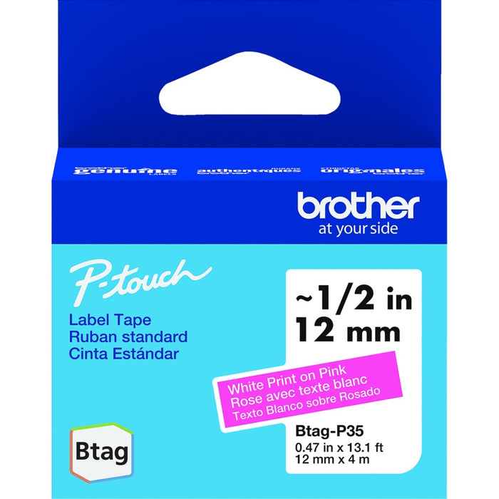 Tape-P-Touch Btag 12Mm X 4M White On Pink