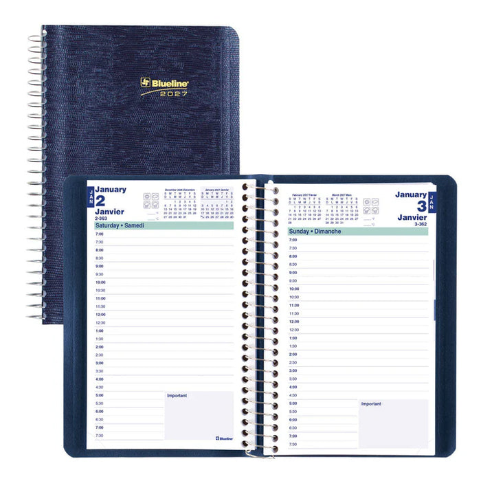 Blueline® 2027 Essential Daily Planner, Appointment Book, 12 Months, January to December, Spiral Binding, 8" x 5", Blue, Bilingual (C1504.82BT-27)
