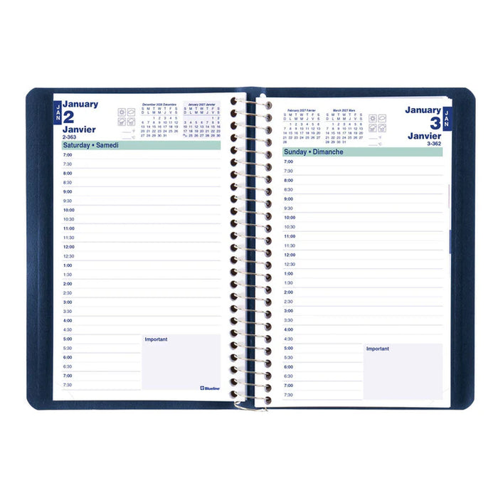 Blueline® 2027 Essential Daily Planner, Appointment Book, 12 Months, January to December, Spiral Binding, 8" x 5", Blue, Bilingual (C1504.82BT-27)